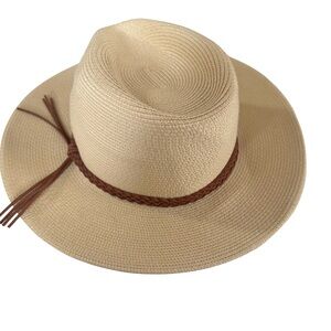 Furtalk Tan Summer Wide Brim‎ Panama Fedora Faux Leather Trim Beachy Vacation
